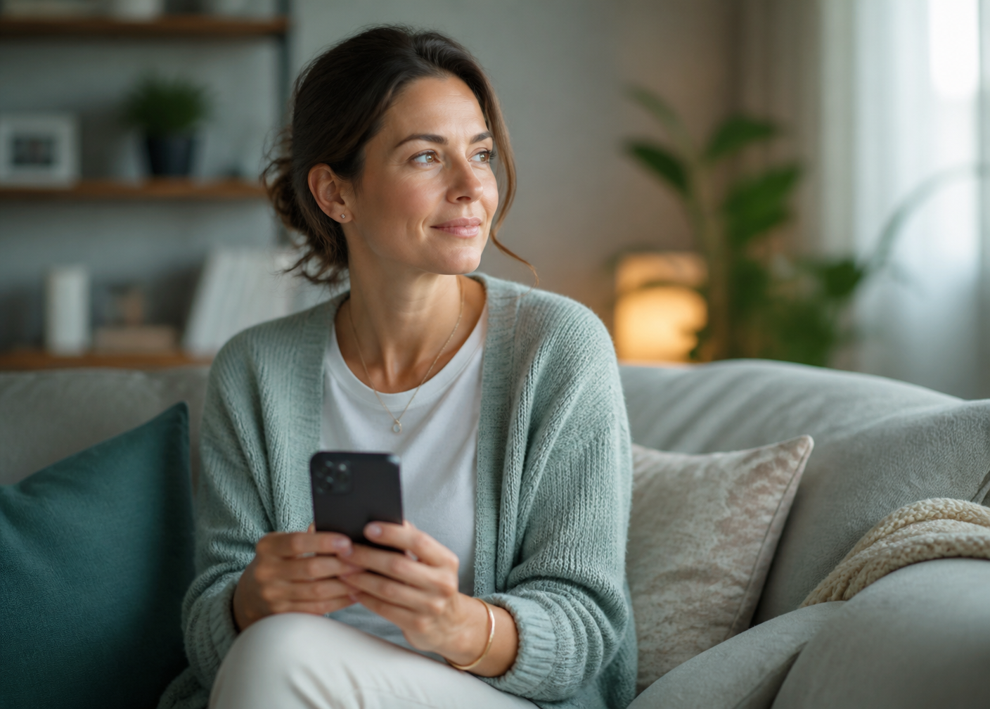 Prospective fertility patient researching IVF clinics on her phone at home
