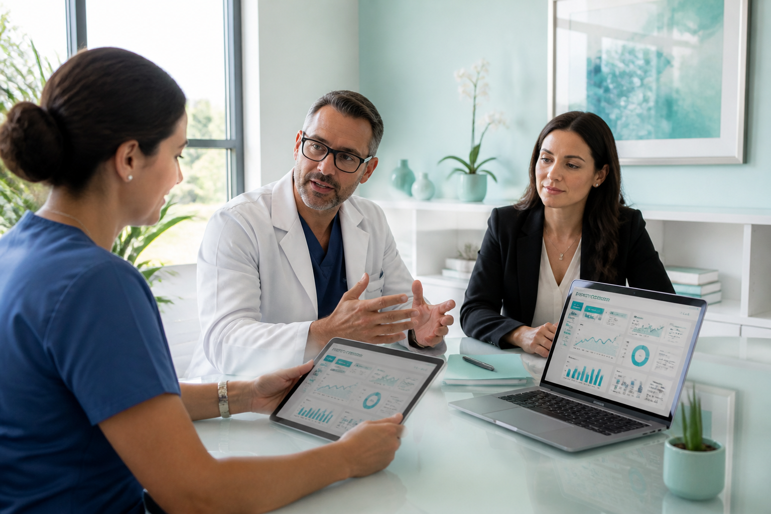 Fertility clinic director and team reviewing performance metrics on a laptop and tablet in a modern office
