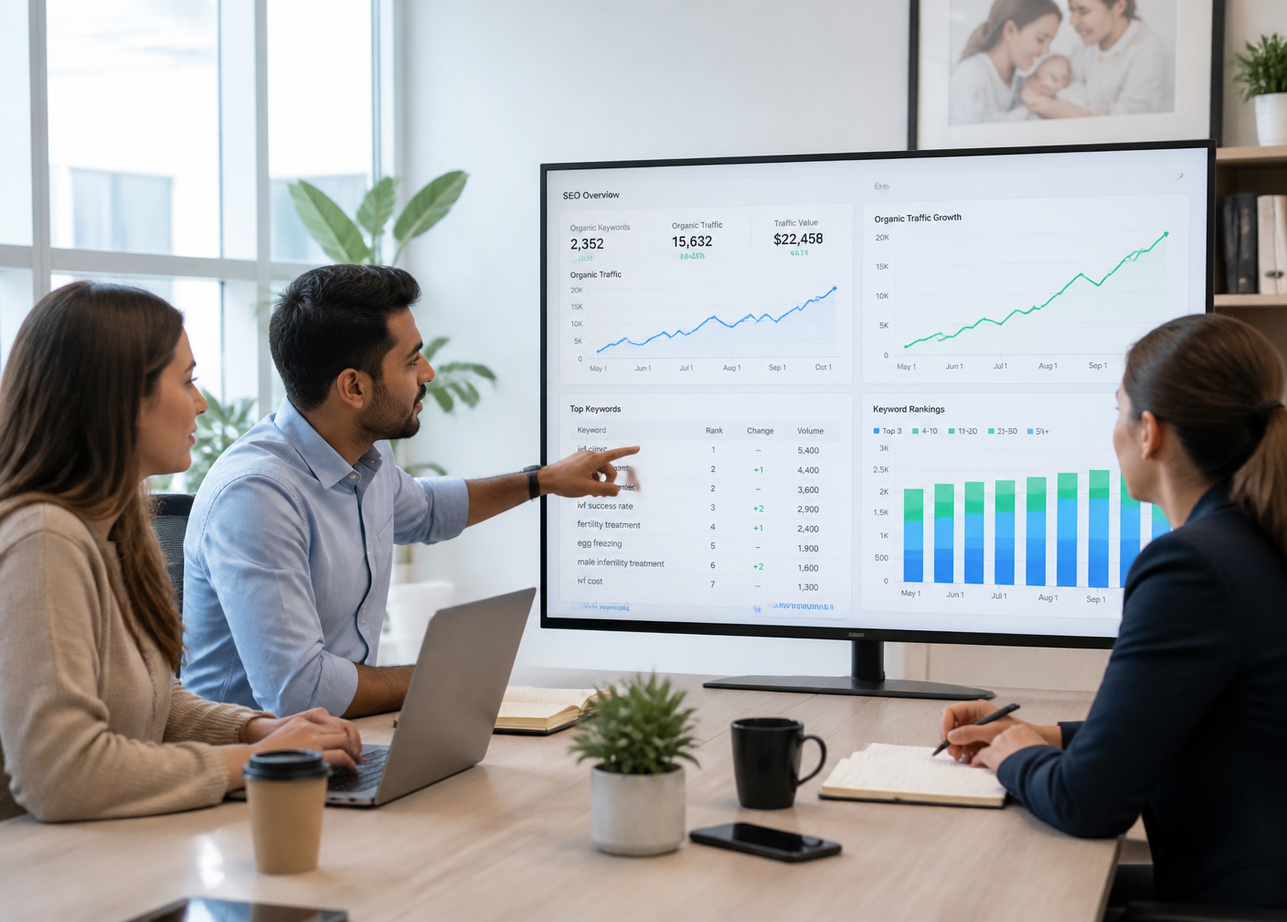 Fertility marketing team reviewing SEO ranking analytics and organic traffic growth