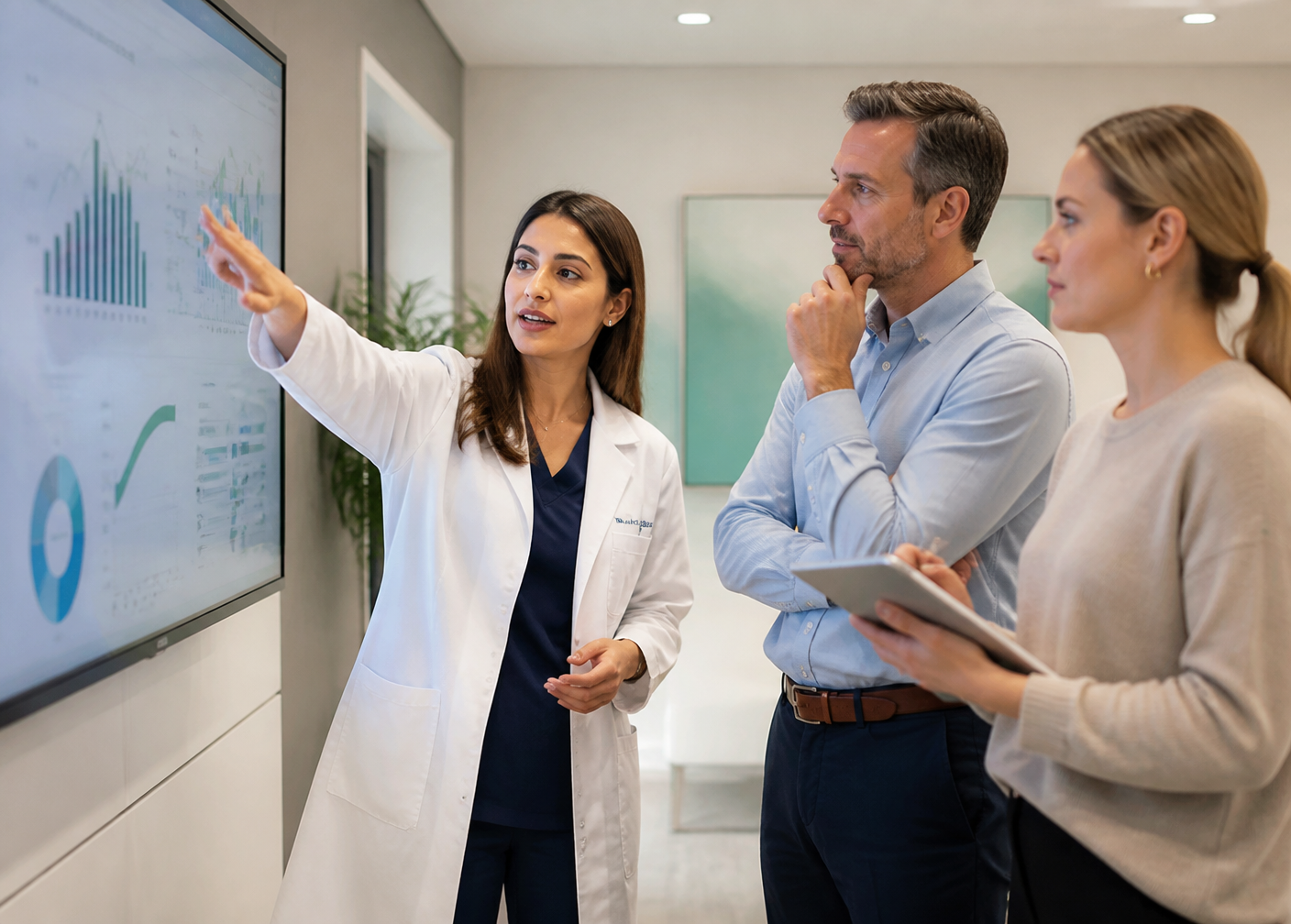 Fertility clinic leadership team reviewing patient growth and GEO performance metrics on a dashboard