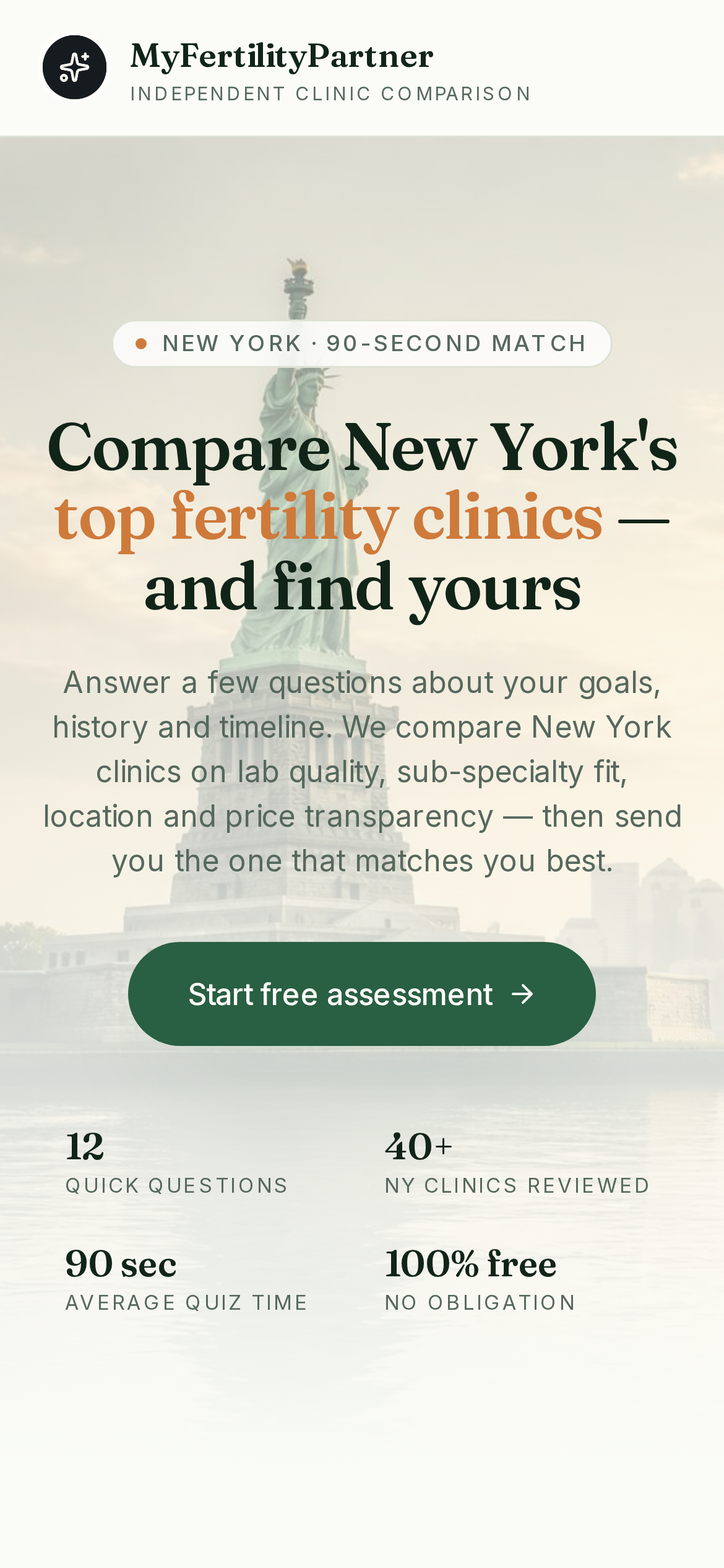IVF clinic match funnel landing page shown on an iPhone screen