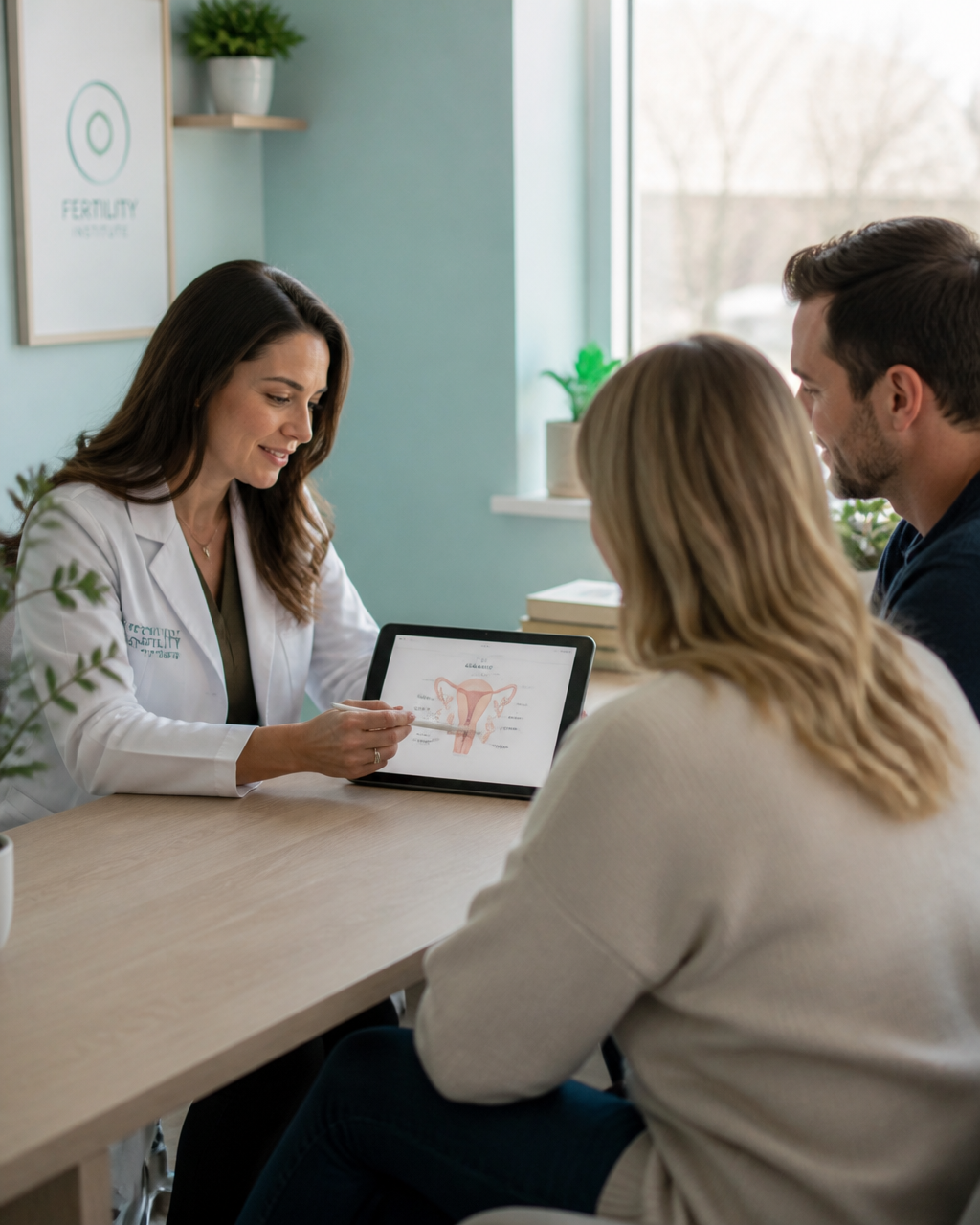 Reproductive endocrinologist reviewing a treatment plan with a couple in a modern fertility clinic consultation room