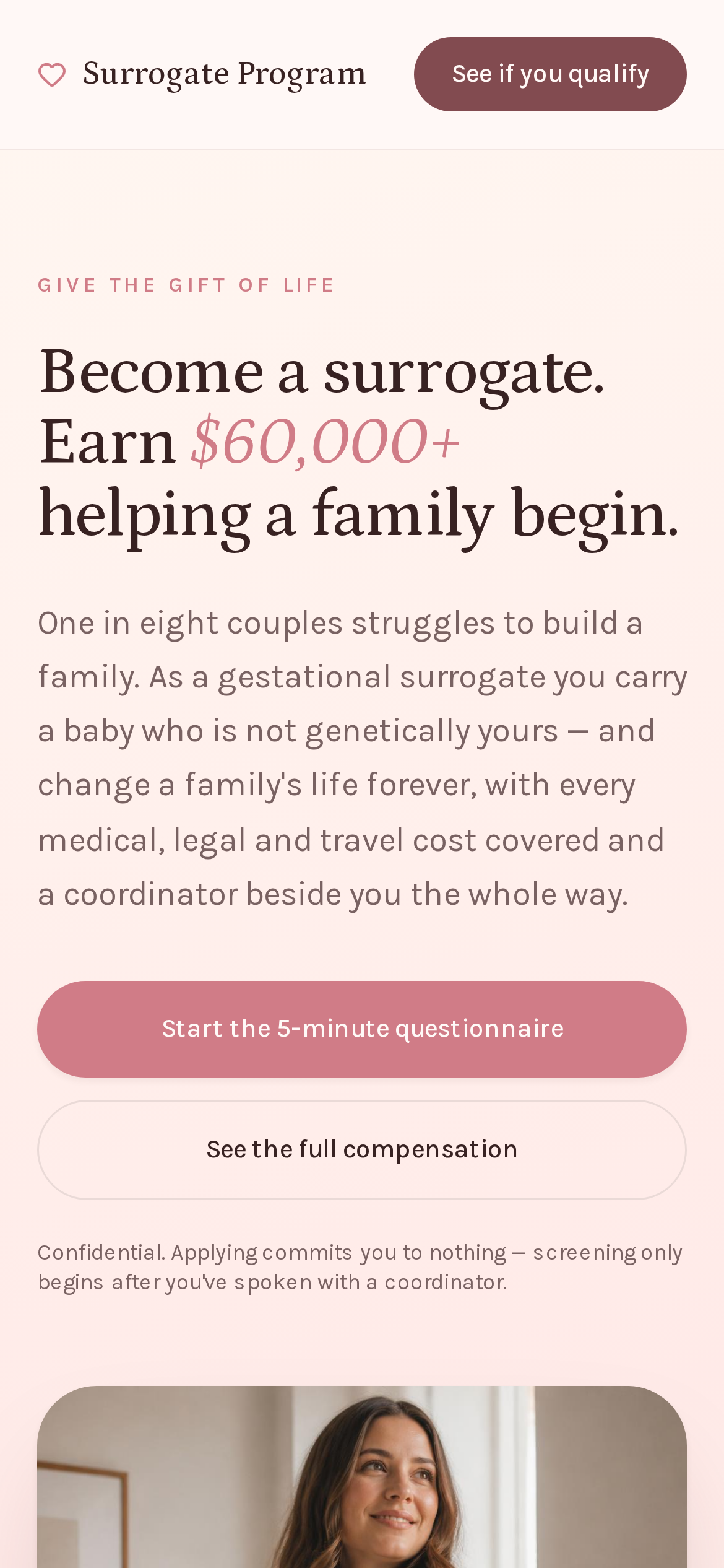 Surrogacy agency match funnel landing page shown on an iPhone screen